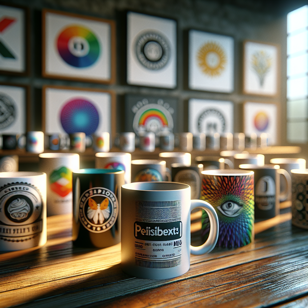 Various mugs on a wooden table, displaying different printing methods and designs.