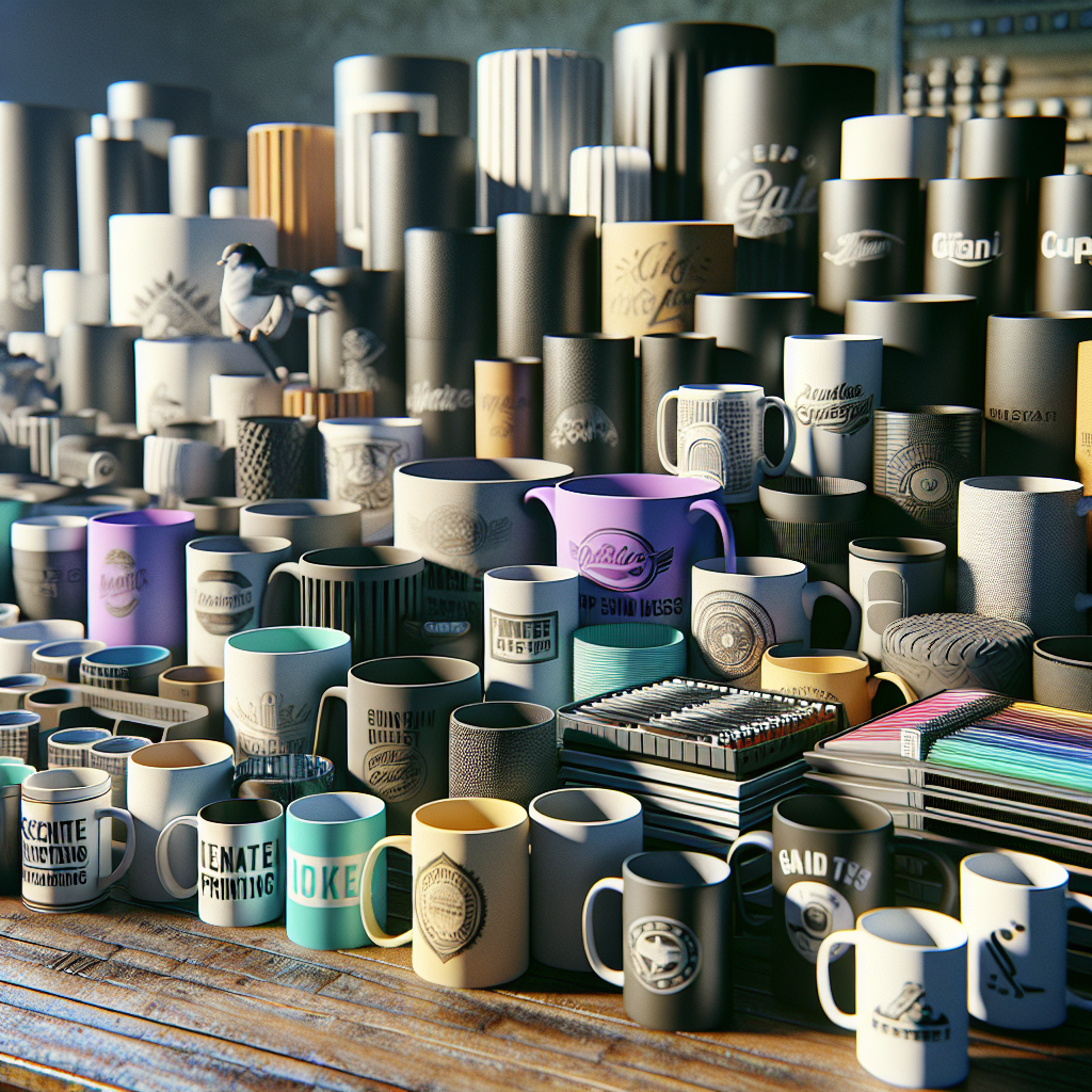 Various types of mugs arranged on a wooden table, showcasing different materials and printing methods.