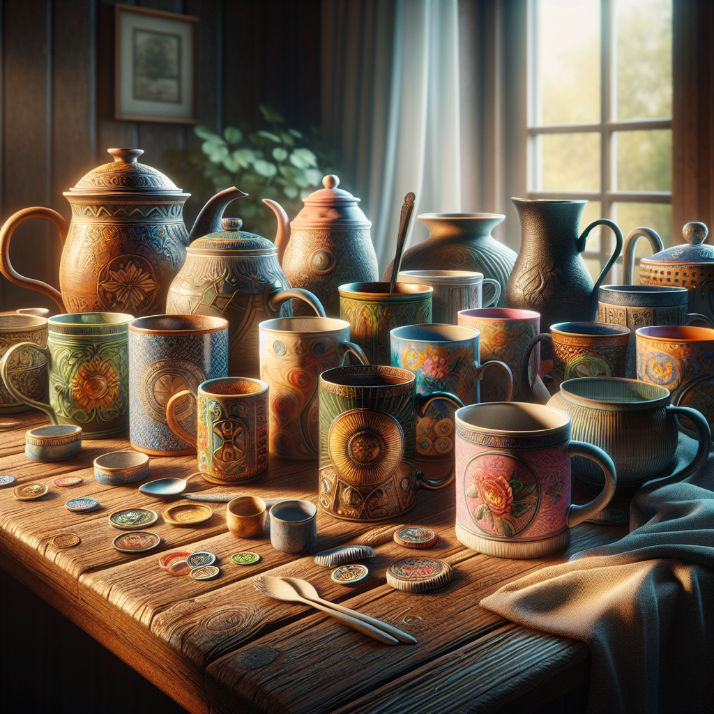 Different types of mugs with various designs on a wooden table in a warm indoor setting.