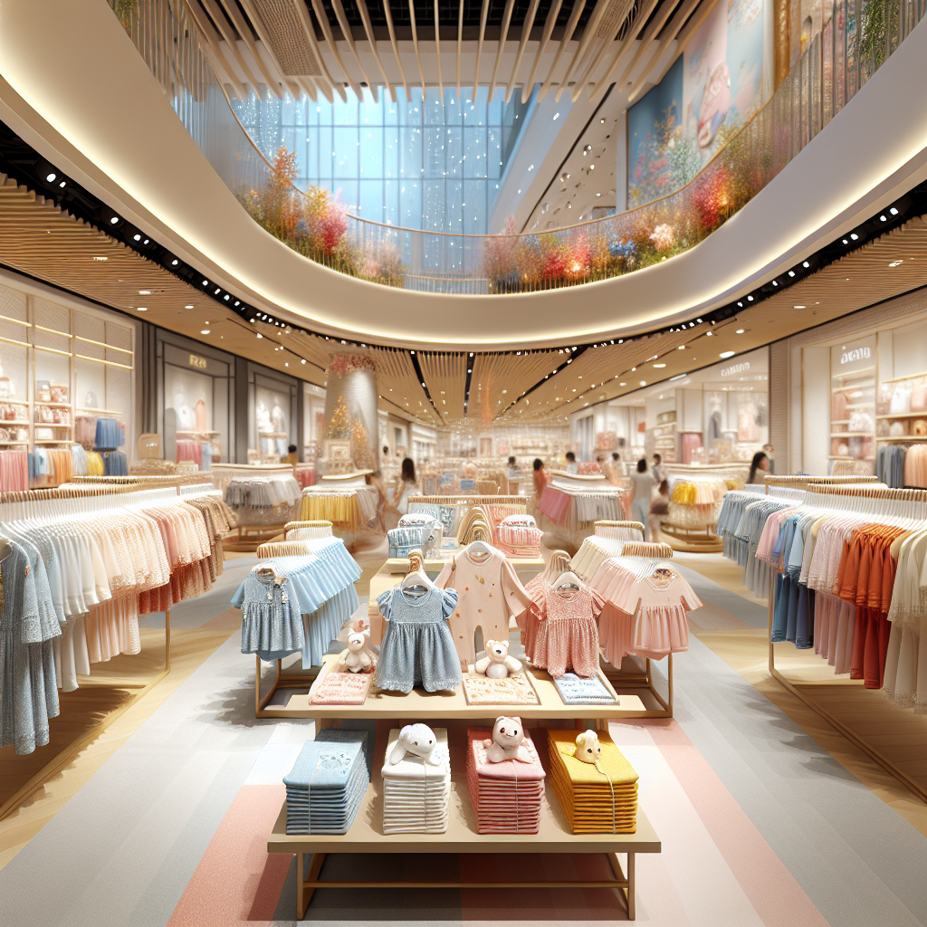 Vibrant depiction of a baby clothes section in Parkway Parade, Singapore, with diverse and colorful clothing options.