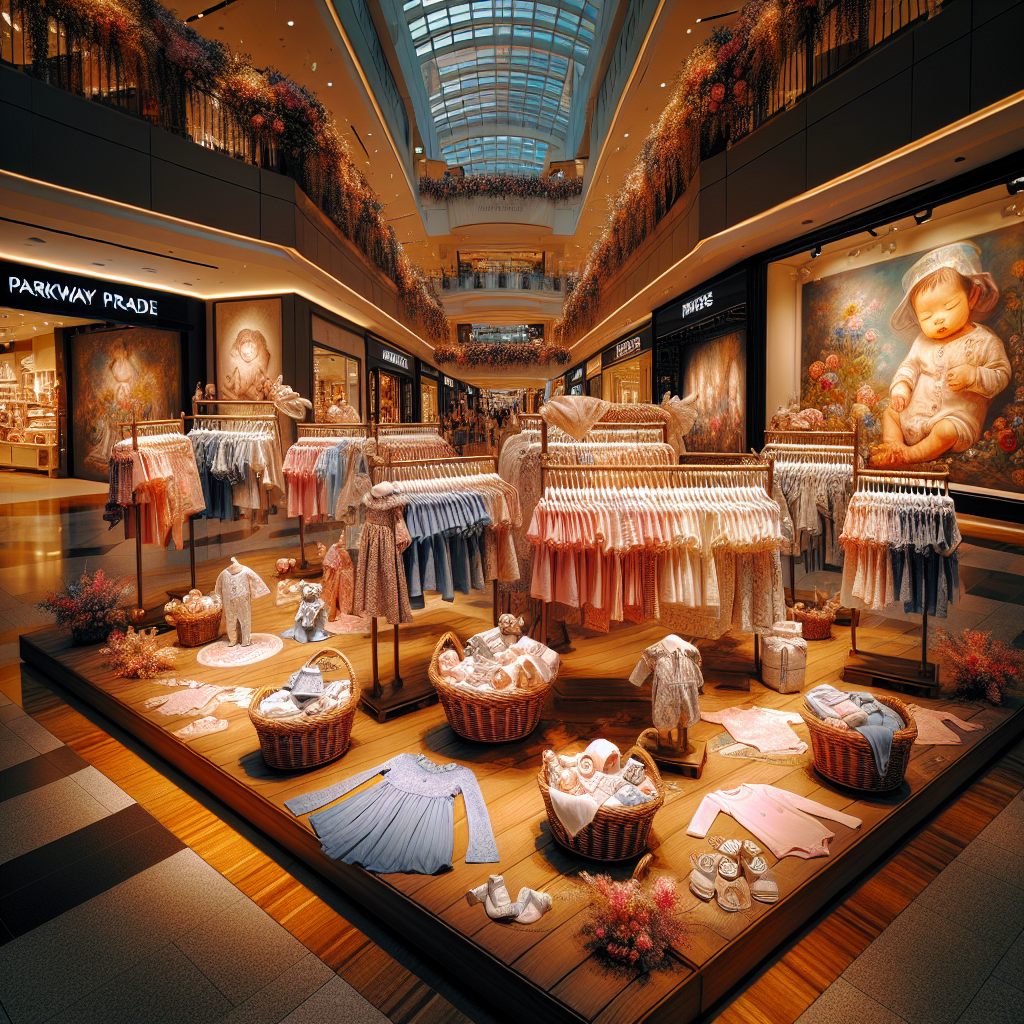 A realistic image of a shopping display of baby clothes at Parkway Parade.