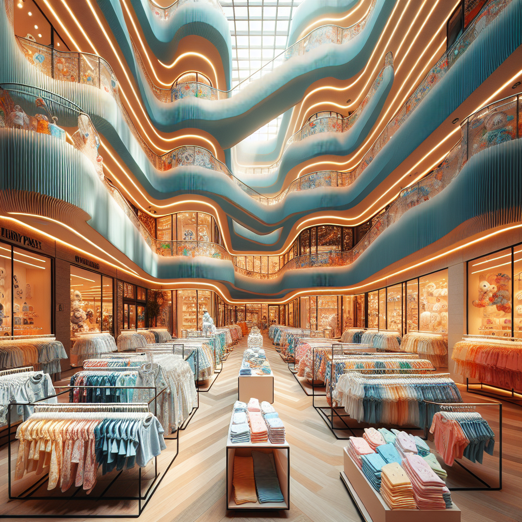 A realistic depiction of a baby clothes section in Parkway Parade, Singapore, highlighting colorful and playful designs.