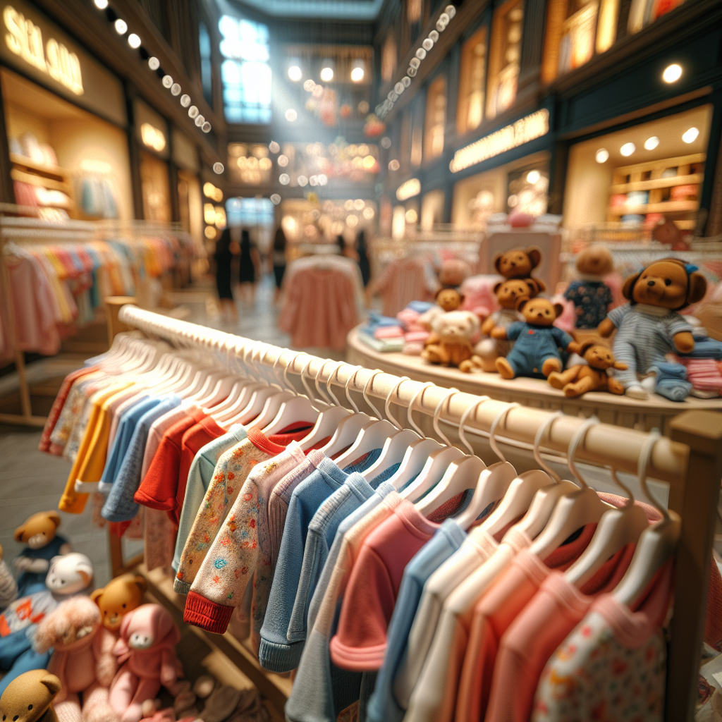 Realistic image of baby clothes displayed in a vibrant Singapore shopping mall.