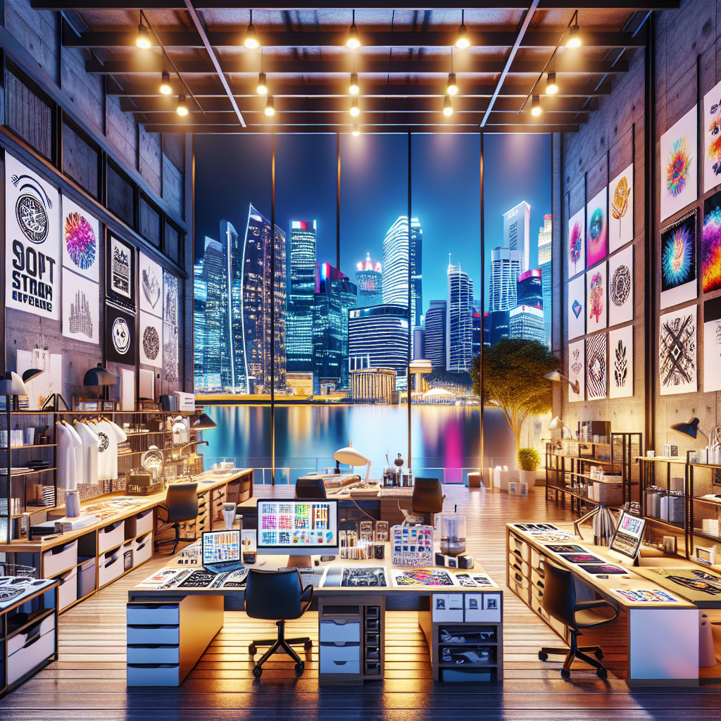 A modern workspace in Singapore with print on demand products, featuring the urban skyline in the background and a vibrant atmosphere.
