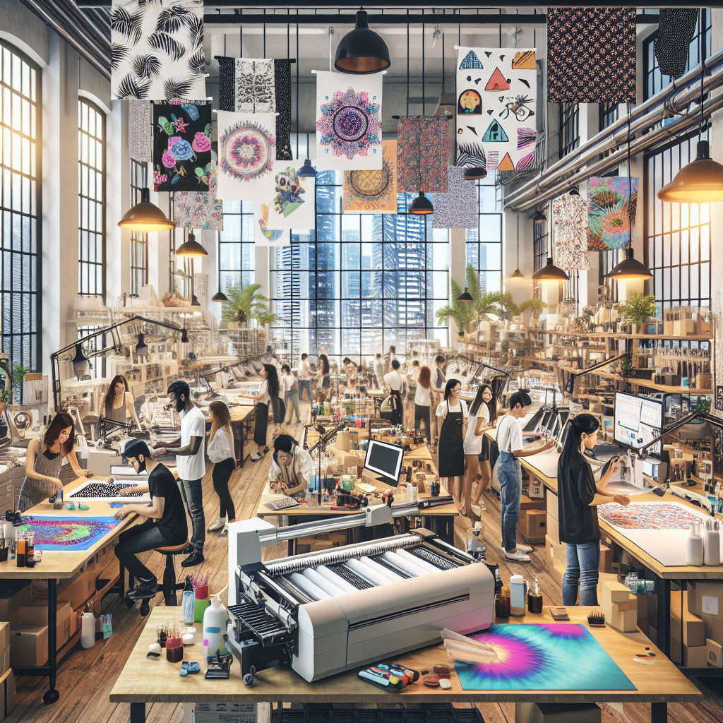 A vibrant print on demand studio in Singapore showcasing diverse workers and colorful custom products.