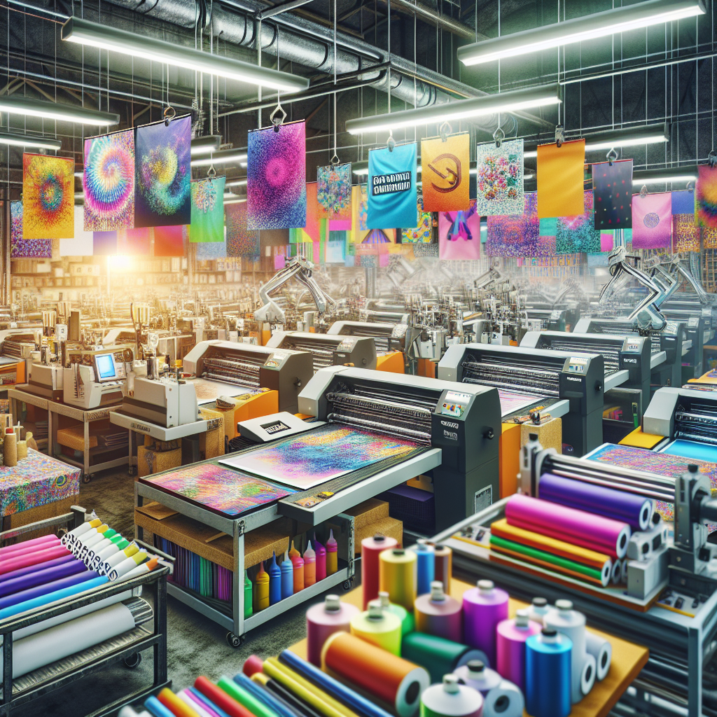 A vibrant print on demand studio in Singapore showcasing various custom products and printing machines in a colorful setting.