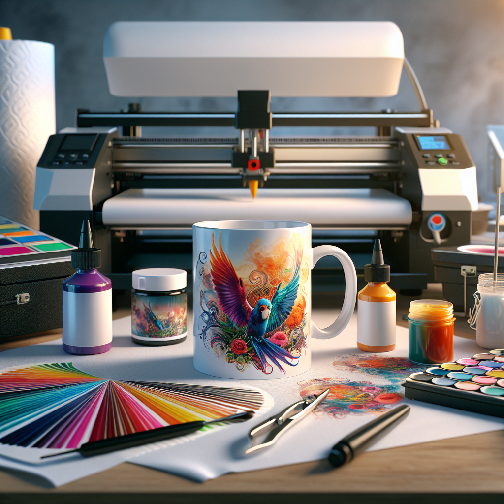 Mug printing process with a sublimated mug and printing equipment.
