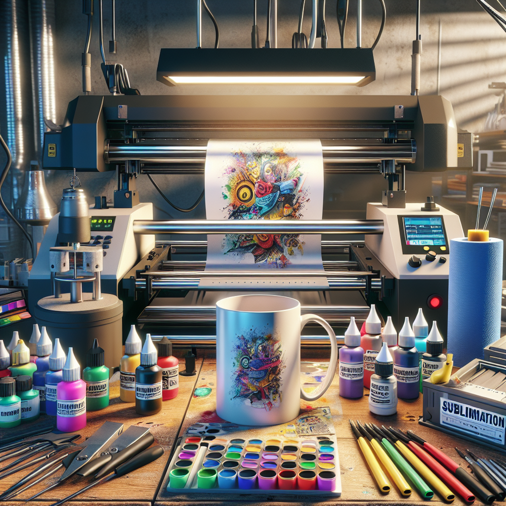 Realistic depiction of mug printing using sublimation technique with equipment.