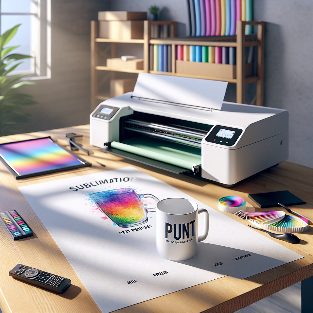 Workspace with equipment used for mug printing, including a sublimation printer and heat press.