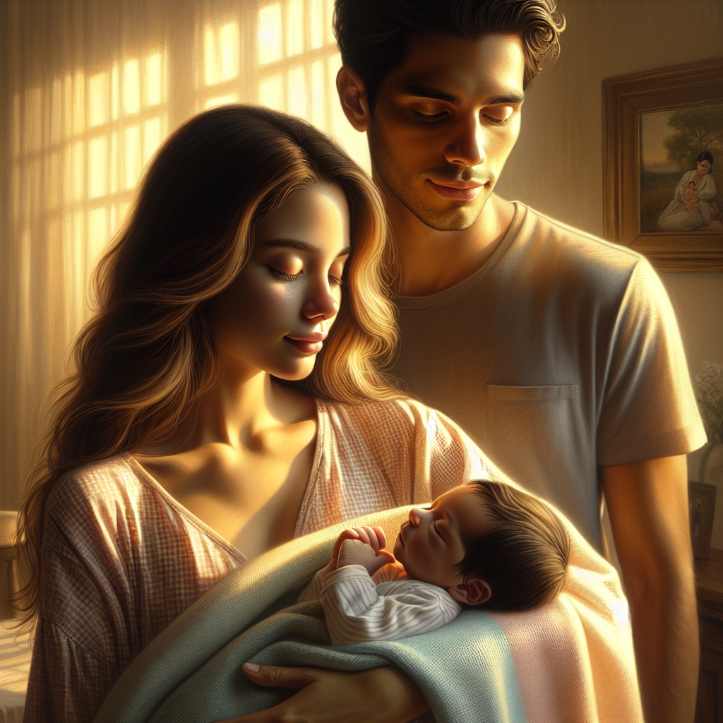 Realistic image of a tender moment with new parents and their newborn in a warmly lit setting.