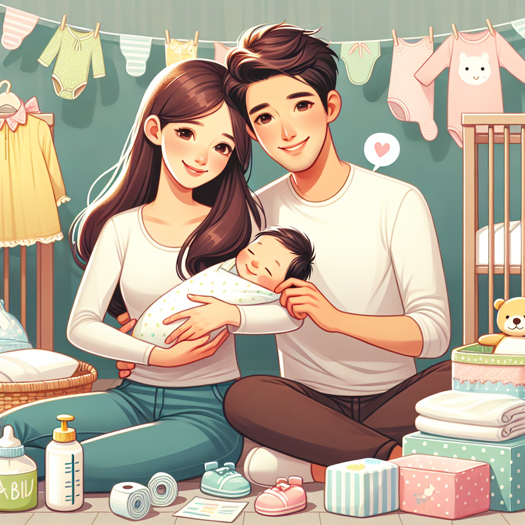 New parents with their newborn, surrounded by baby items, symbolizing a Baby Bonus Cash Gift.