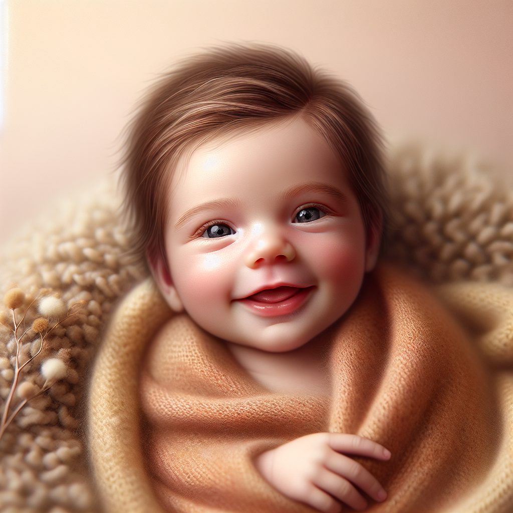 A smiling newborn baby wrapped in soft, warm-toned blankets.