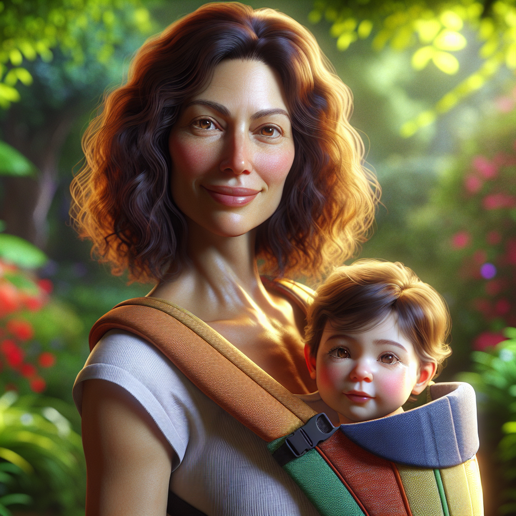 A parent wearing a toddler in a baby carrier in a lush garden.