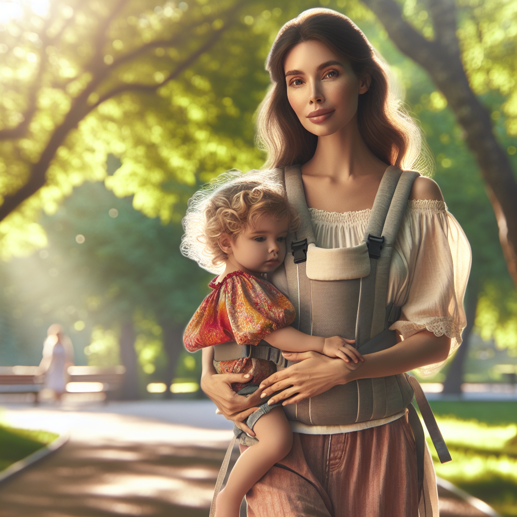 A mother carrying her toddler in a baby carrier in a park.