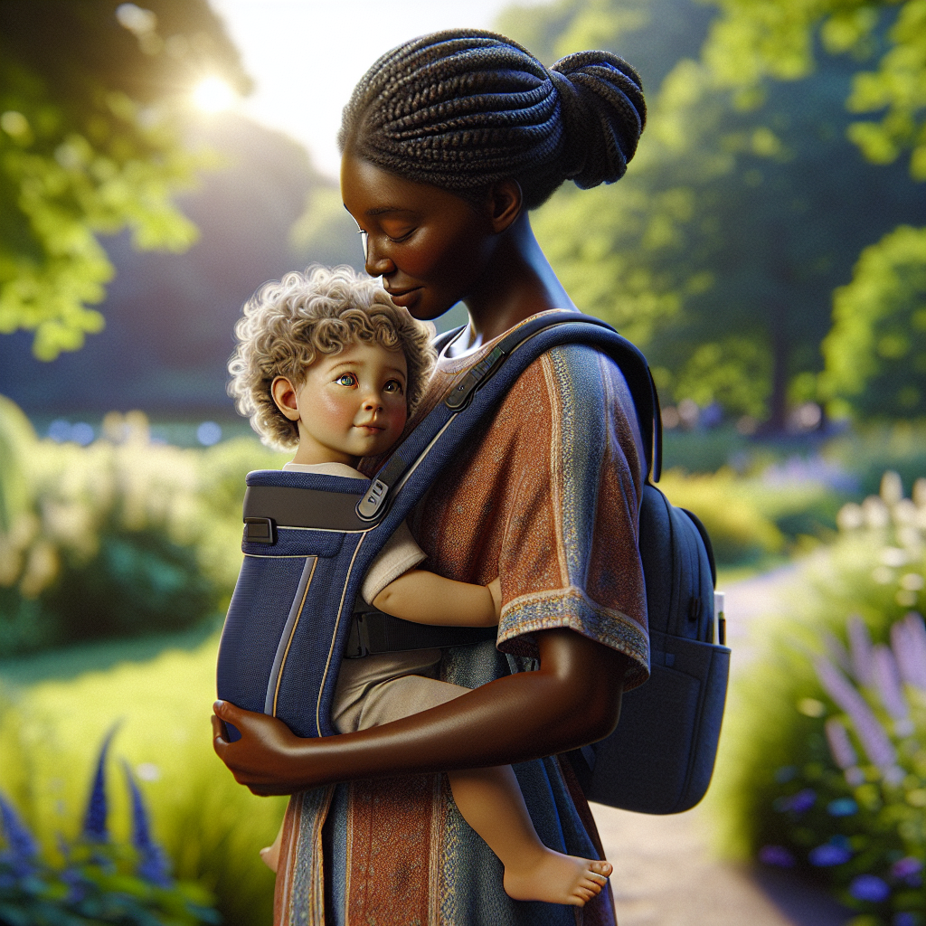 A parent using a baby carrier to hold a toddler in a park setting.