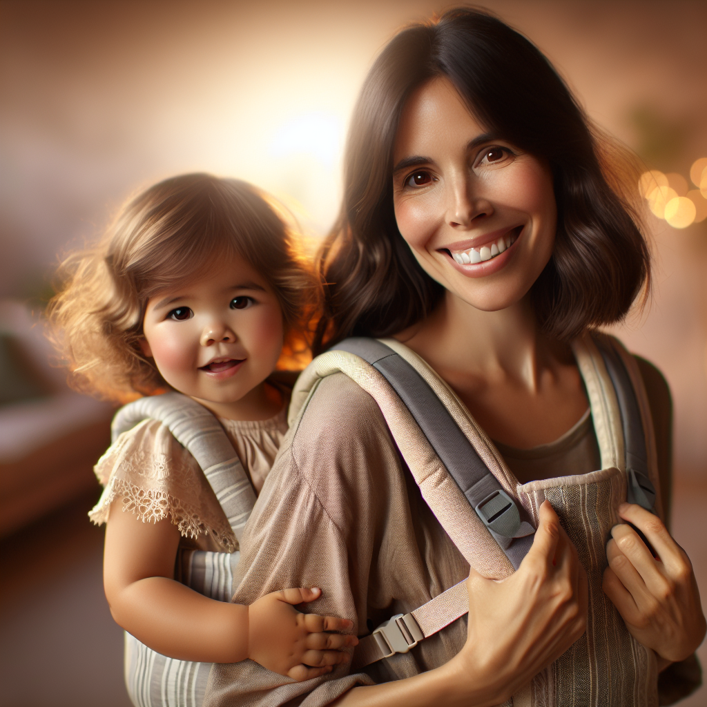 A mother wearing her toddler on her back using a baby carrier in a warm, comforting setting.