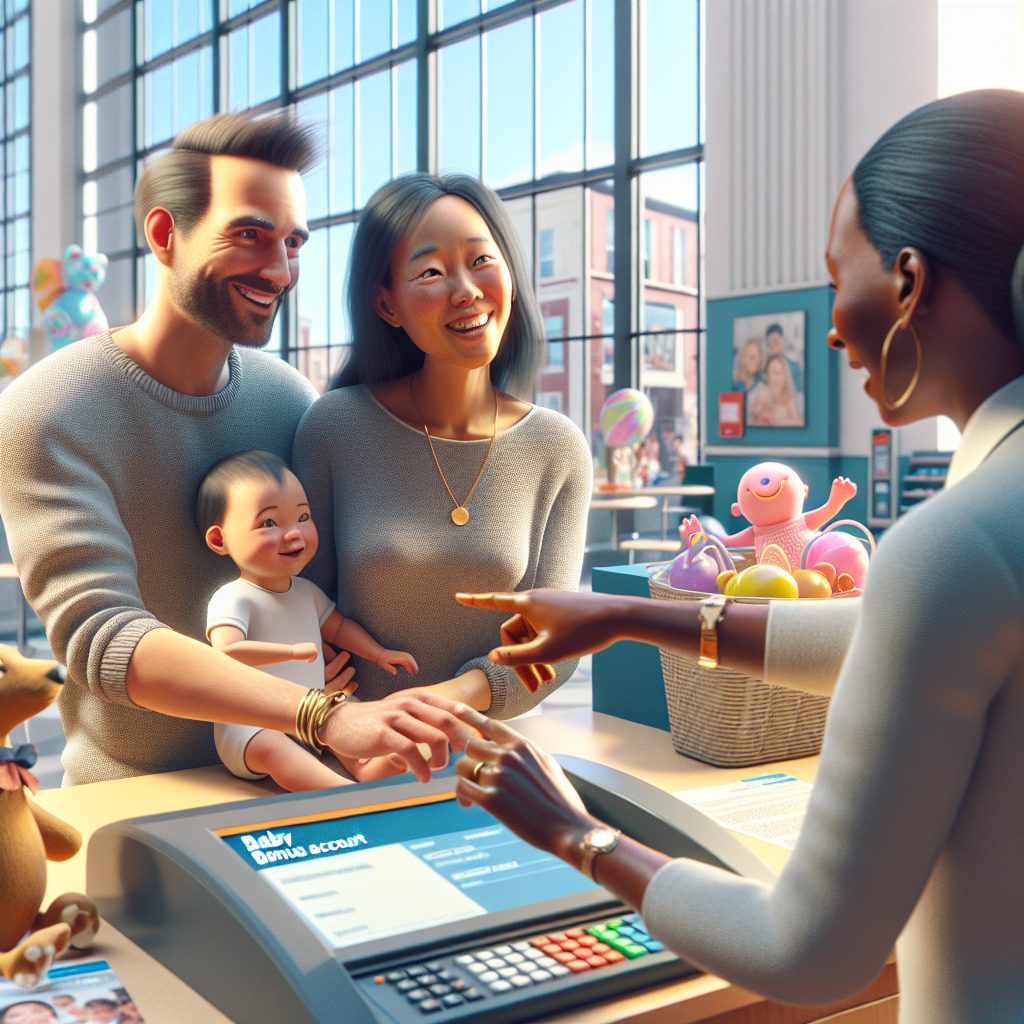 A diverse family opening a Baby Bonus Account at a bank with a bank representative, surrounded by colorful play area toys.
