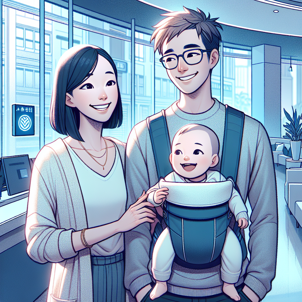 A young family in a bank discussing their Baby Bonus Account.