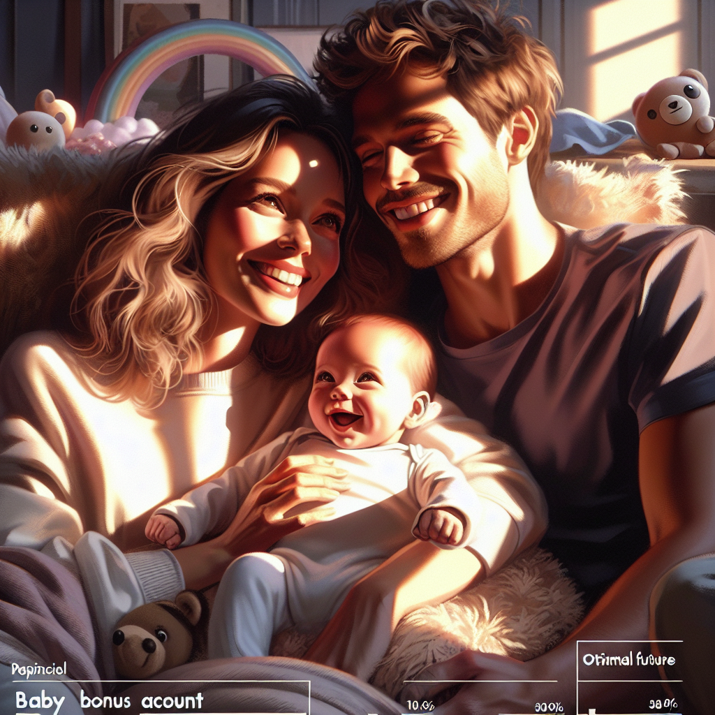 A diverse family with a baby, symbolizing a promising future secured by a baby bonus account.
