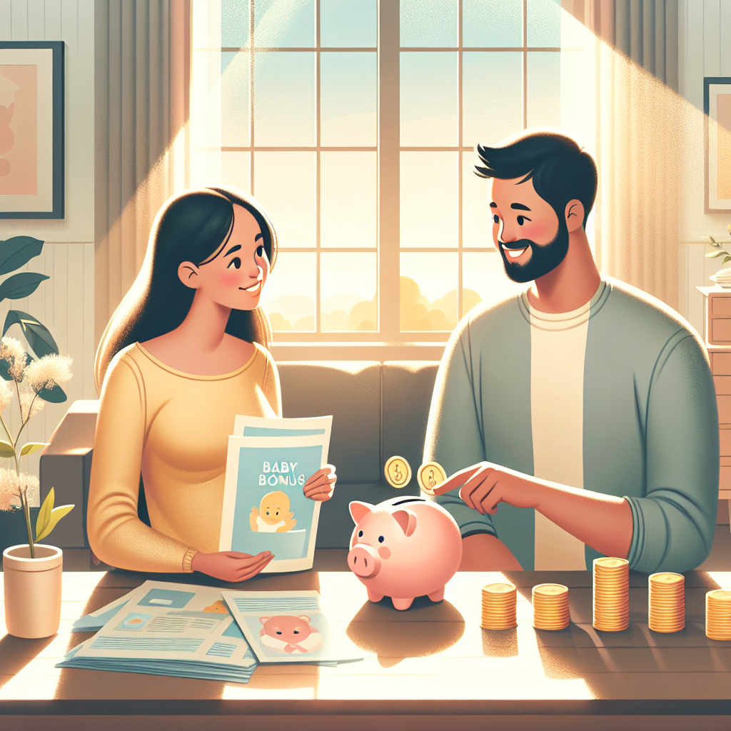 Illustration of a family planning finances with a bank brochure, emphasizing savings and a hopeful future.