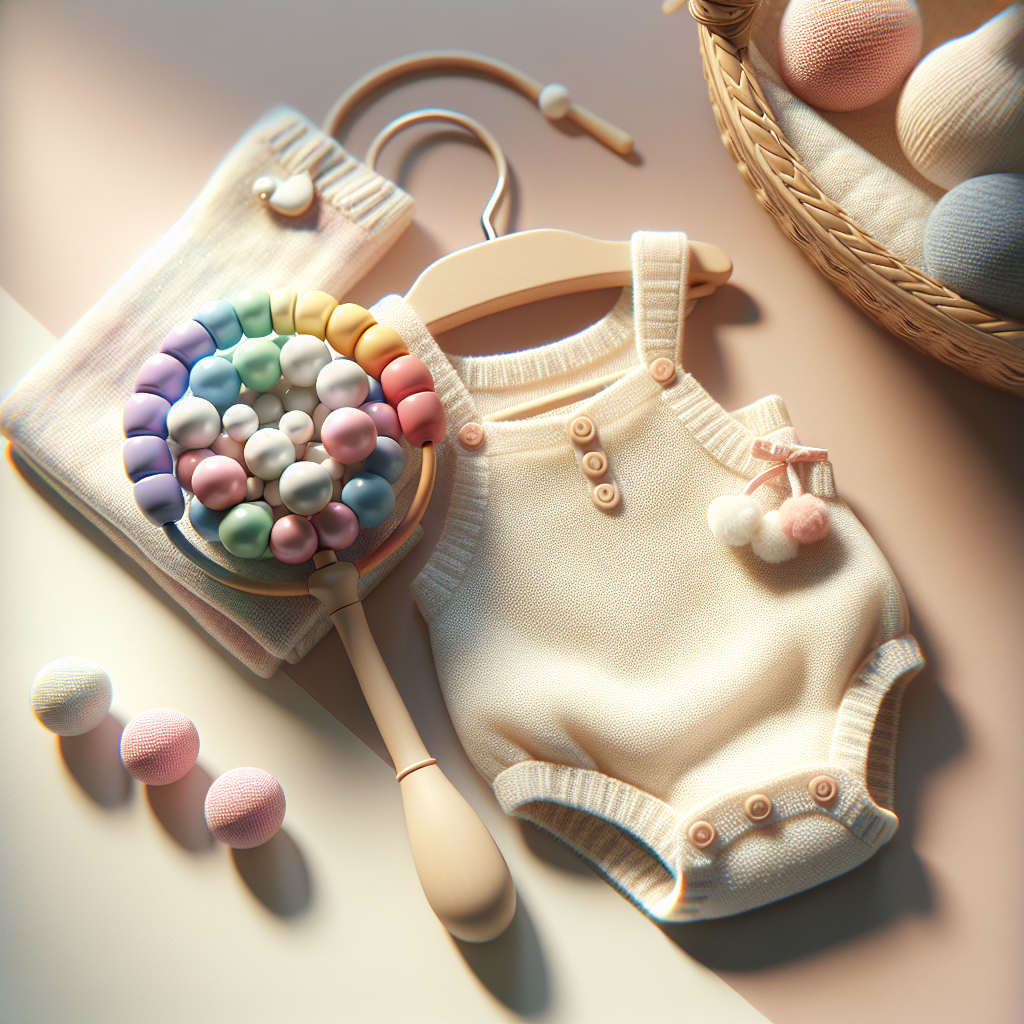 Realistic baby nursery setting with a romper and rattle.