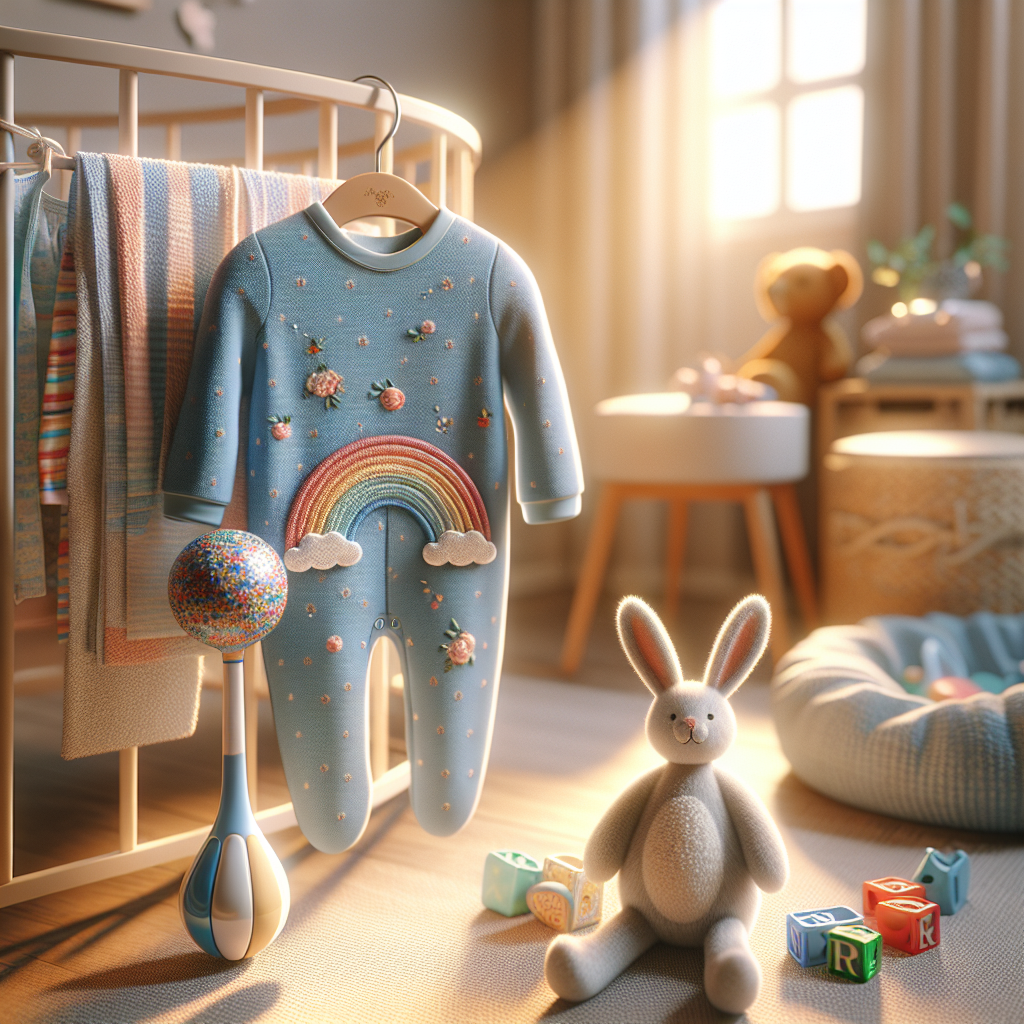 A realistic image showing baby items like a rattle, romper, and rabbit toy in a nursery setting.