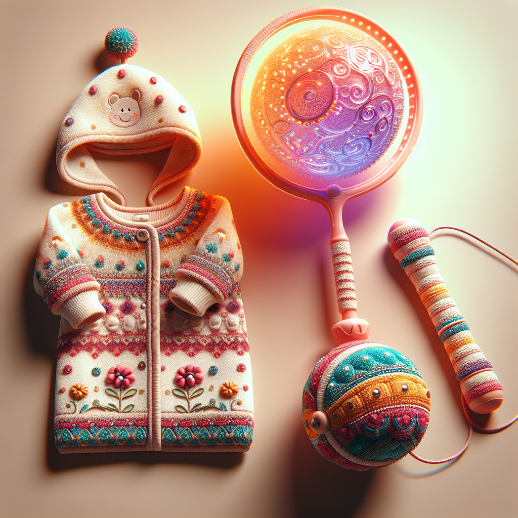 Essential baby items: a colorful rattle and a cute romper.
