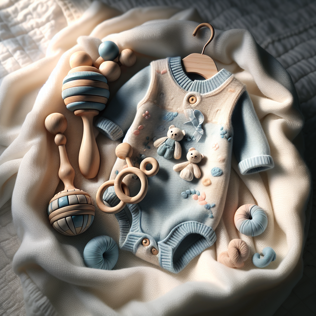 Realistic depiction of a wooden rattle and a blue romper on a white baby blanket.