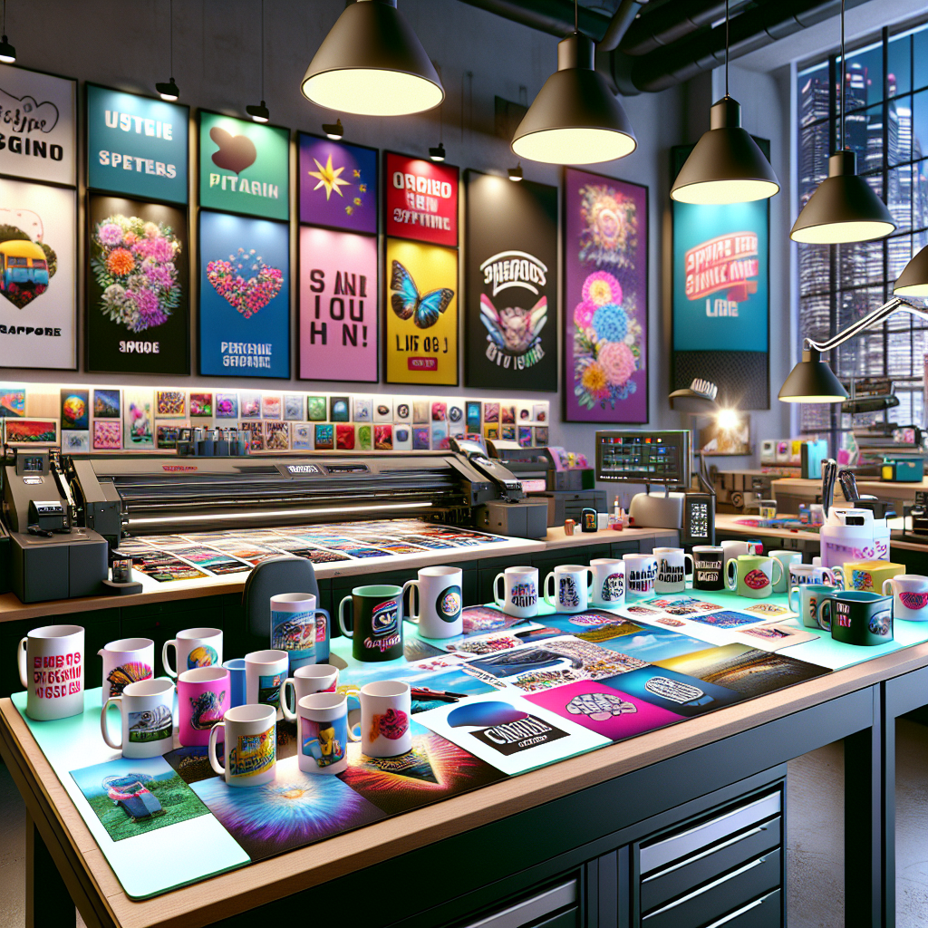 A realistic image of a mug-printing workstation in Singapore with colorful personalized mugs.