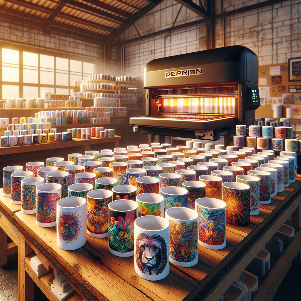 Realistic image of the mug printing process in a workshop in Singapore with vibrant designed mugs.