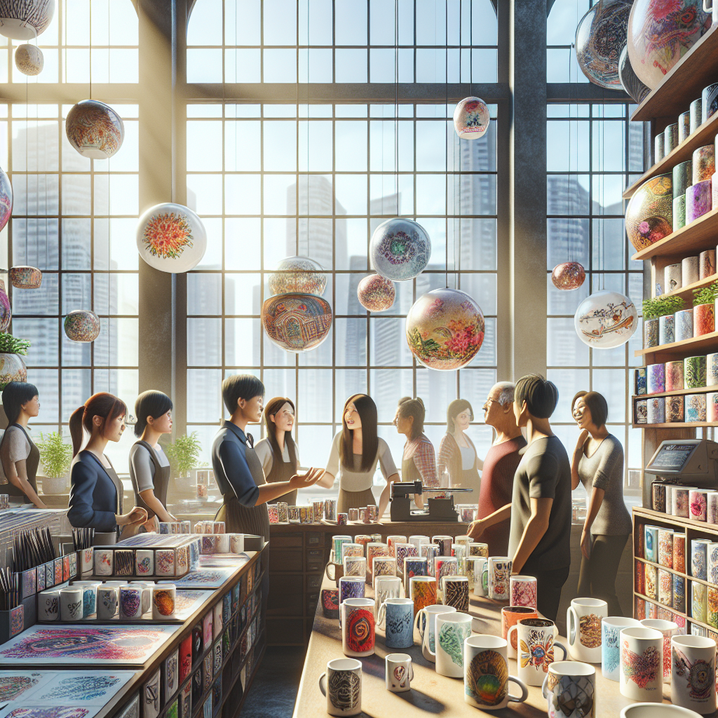A vibrant mug printing shop in Singapore with diverse customers and an array of colorful customized mugs.