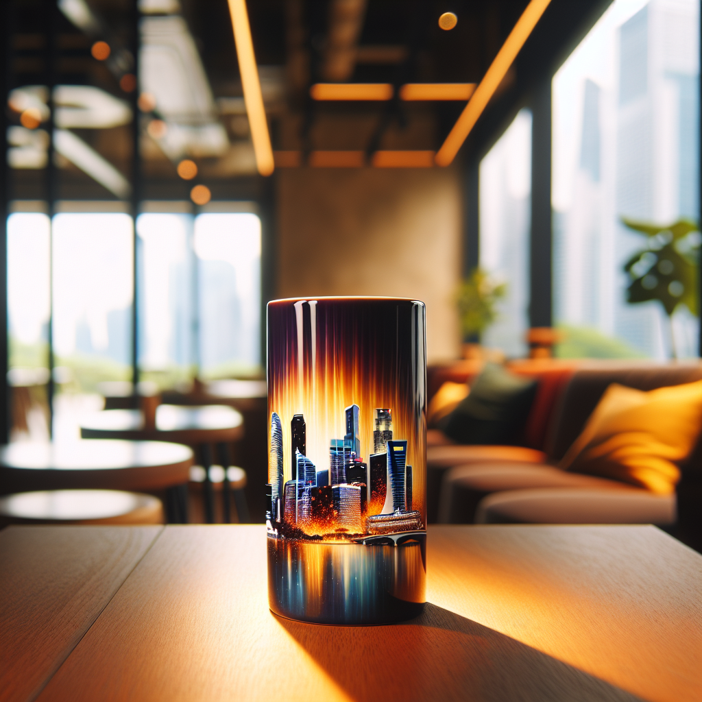 A customized mug with a vibrant Singaporean skyline design in a cozy café setting.