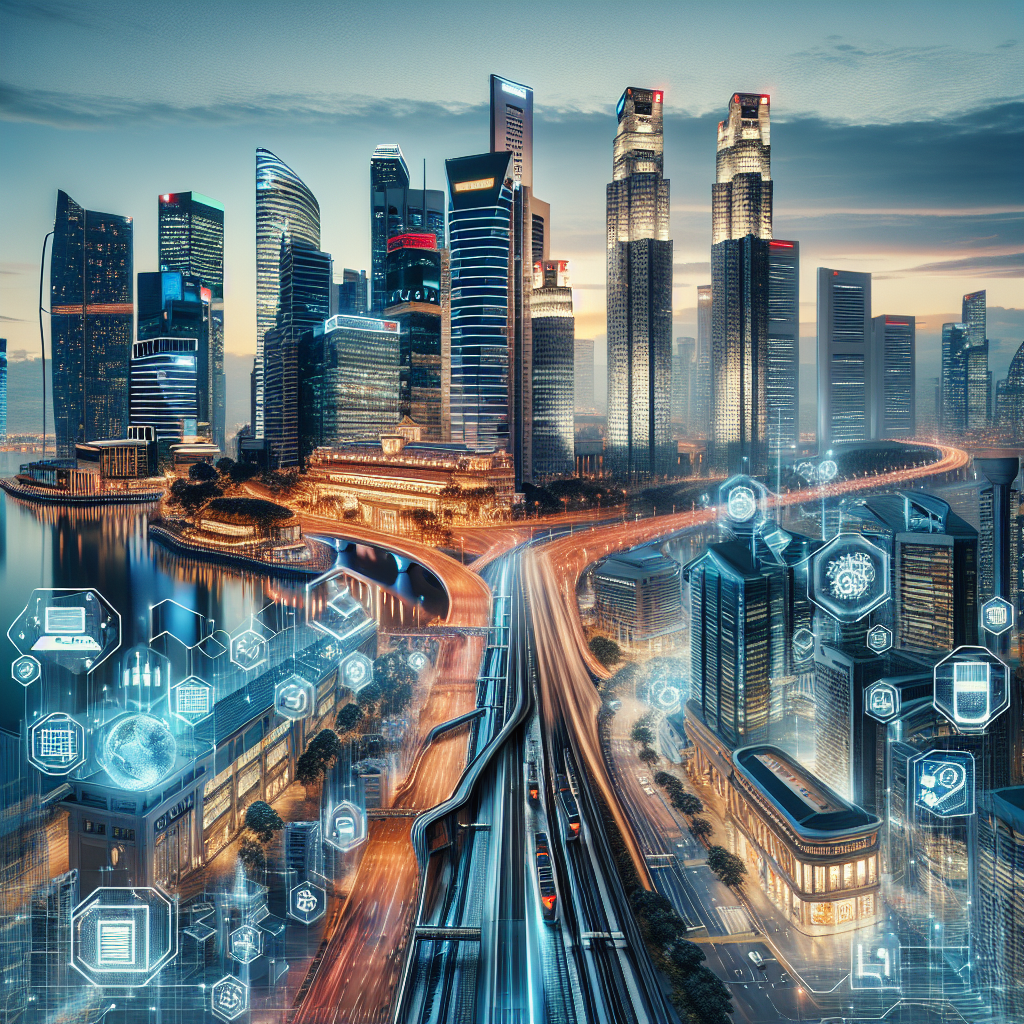 Depiction of Singapore's print on demand industry with modern urban landscape and custom merchandise.