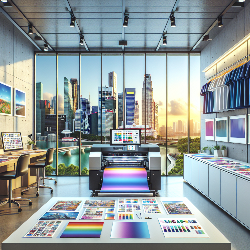 A modern print on demand studio in Singapore with a digital printer, apparel, and stationery, emphasizing technology and innovation.