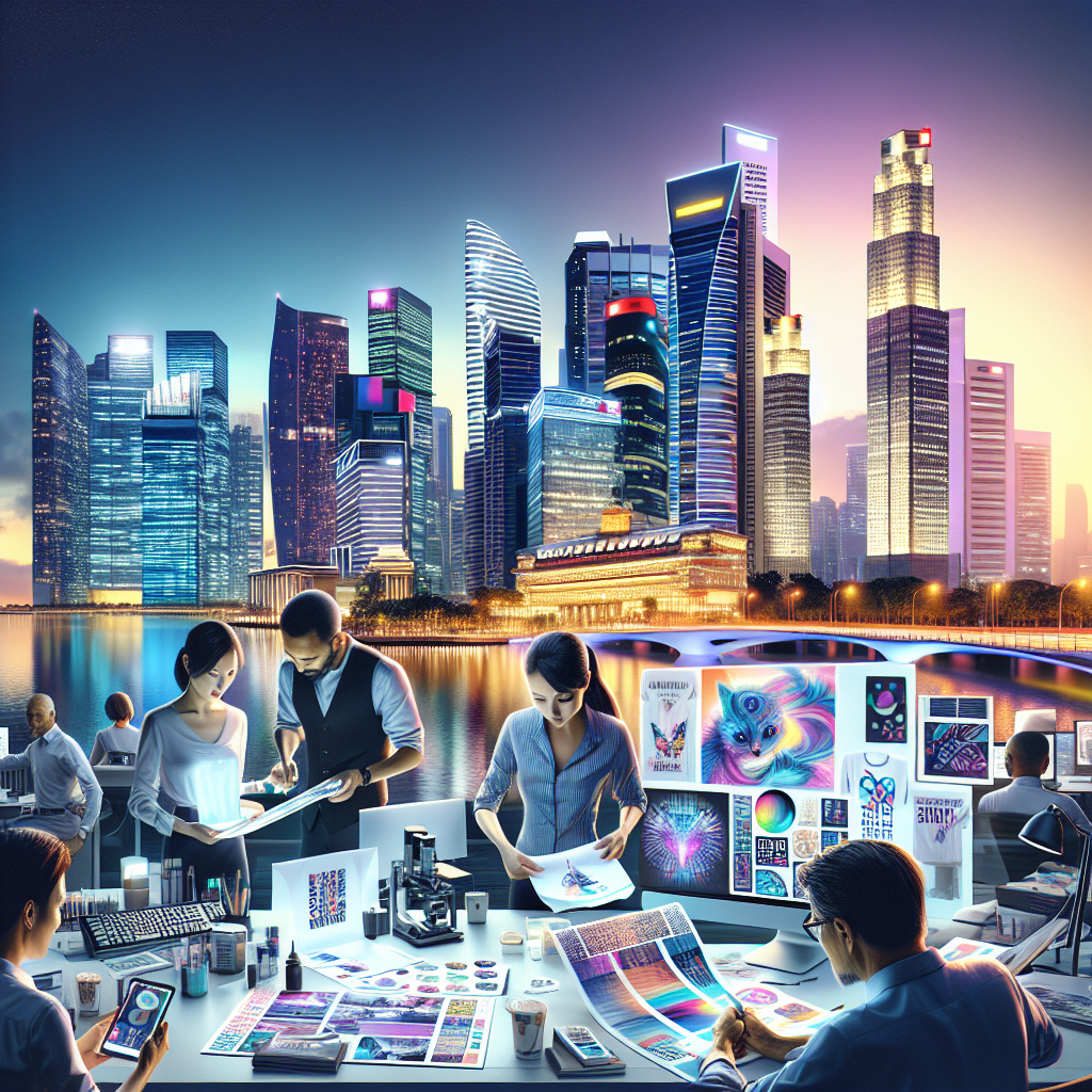 Singapore cityscape with entrepreneurs designing print on demand products.