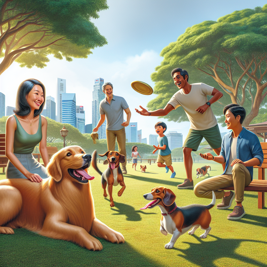 People interacting with dogs in a dog-friendly park in Singapore.
