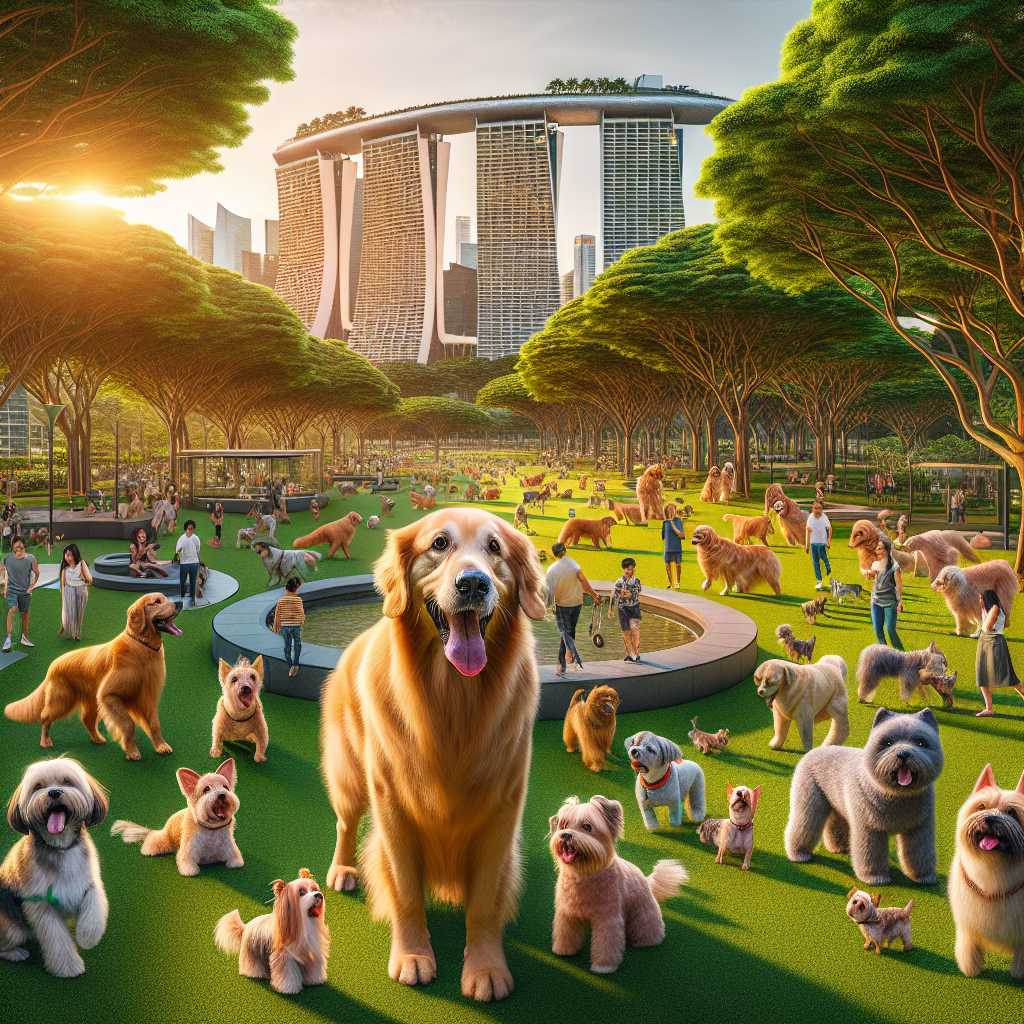 Dogs being petted at a park in Singapore, surrounded by urban landscapes.