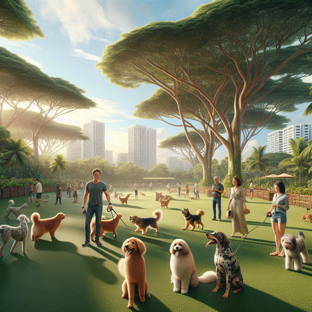 Scene of a dog-friendly park in Singapore with people and dogs interacting.