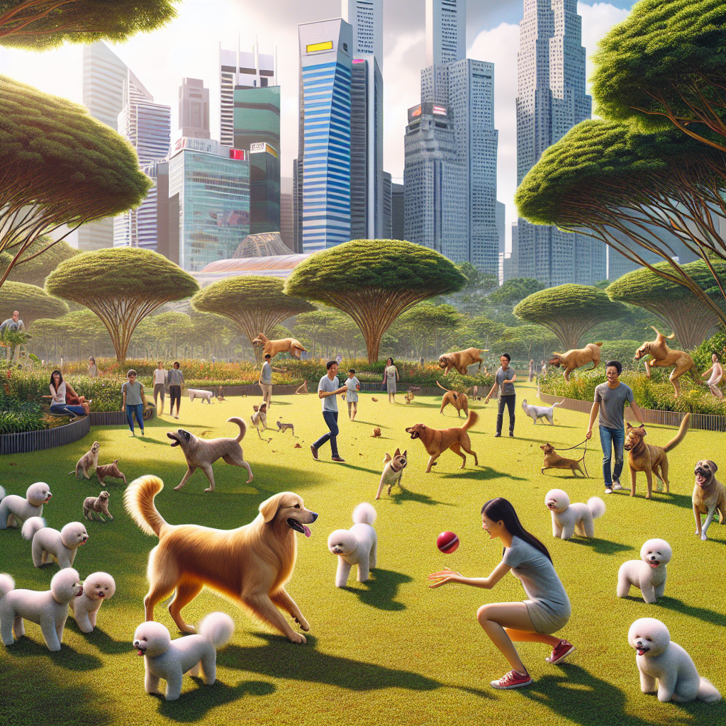 A vibrant dog-friendly park in Singapore with dogs and people playing against a modern cityscape.