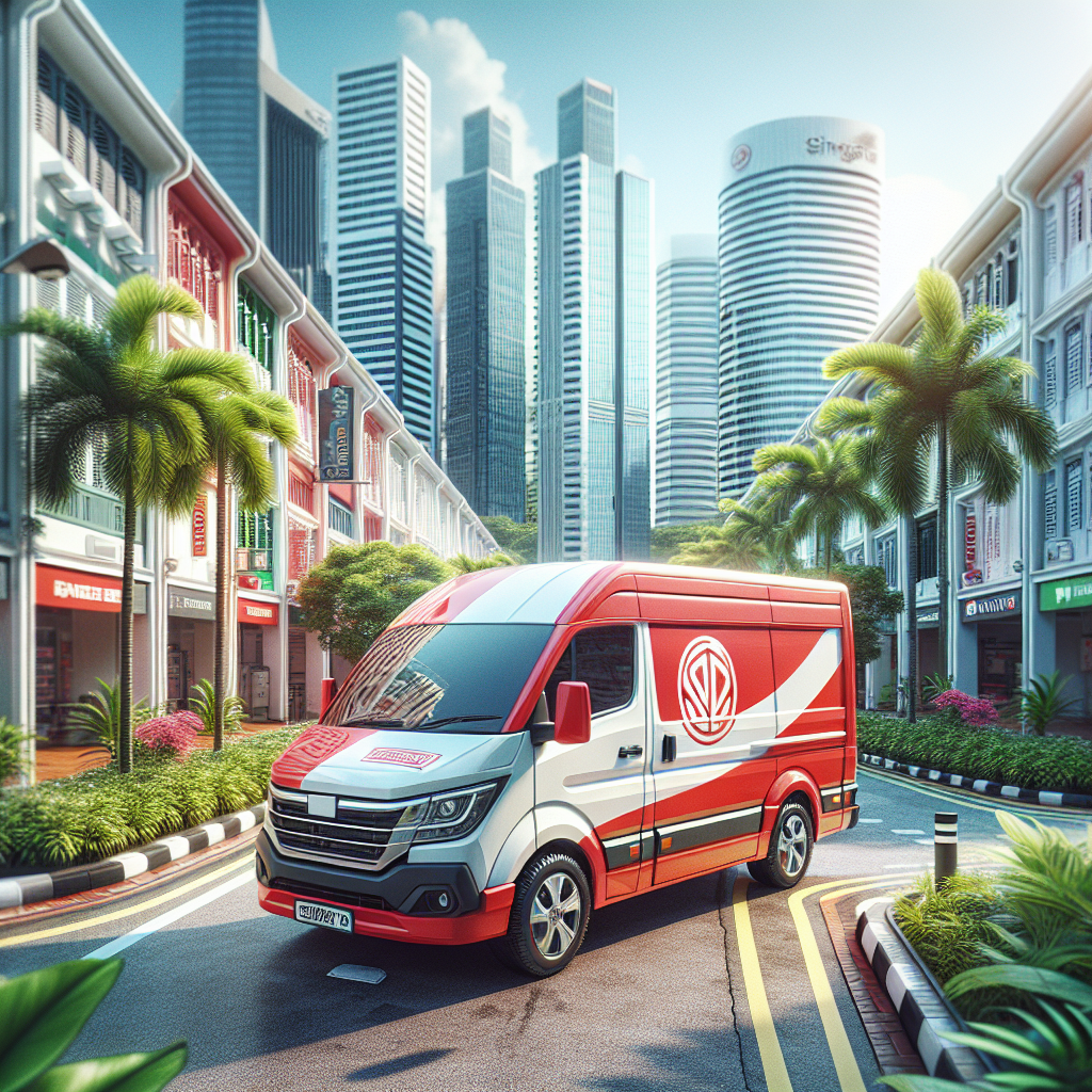 A J&T Express delivery van on a Singaporean street, emphasizing logistics.