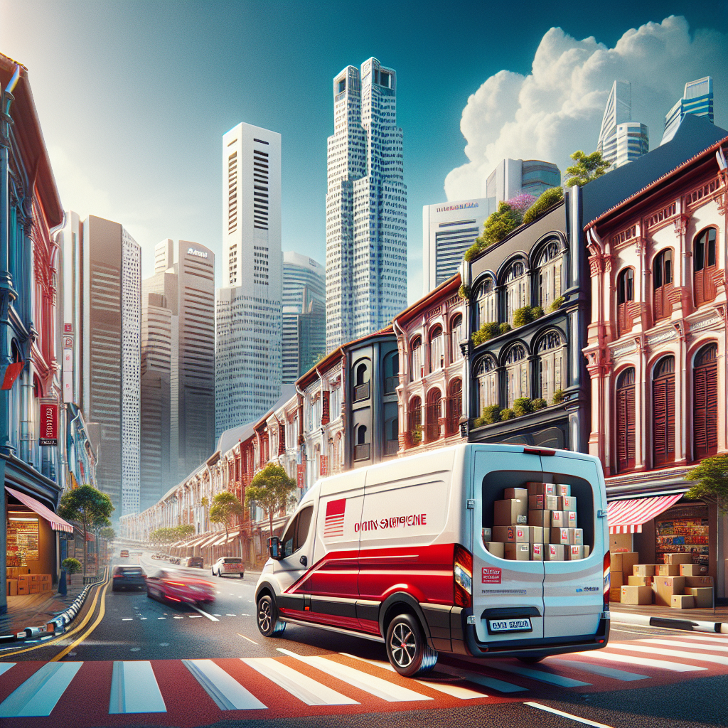 J&T Express van in a vibrant Singapore street, showcasing the bustling city life.