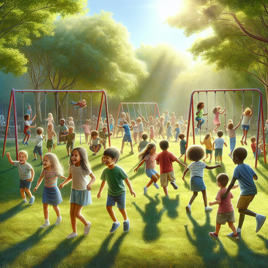 A diverse group of children playing joyfully in a vibrant, safe park setting.