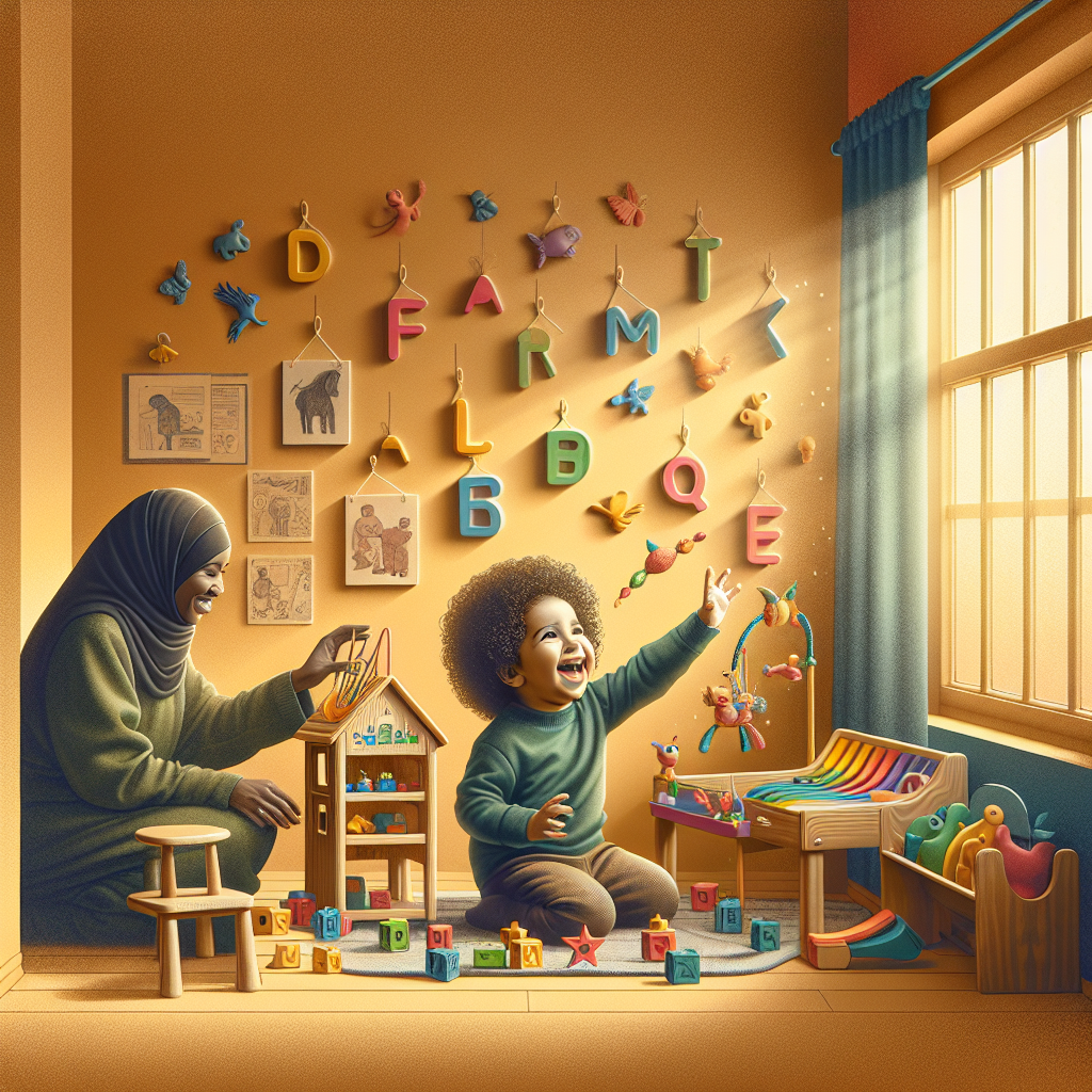A child playing with educational toys in a room with a parent.