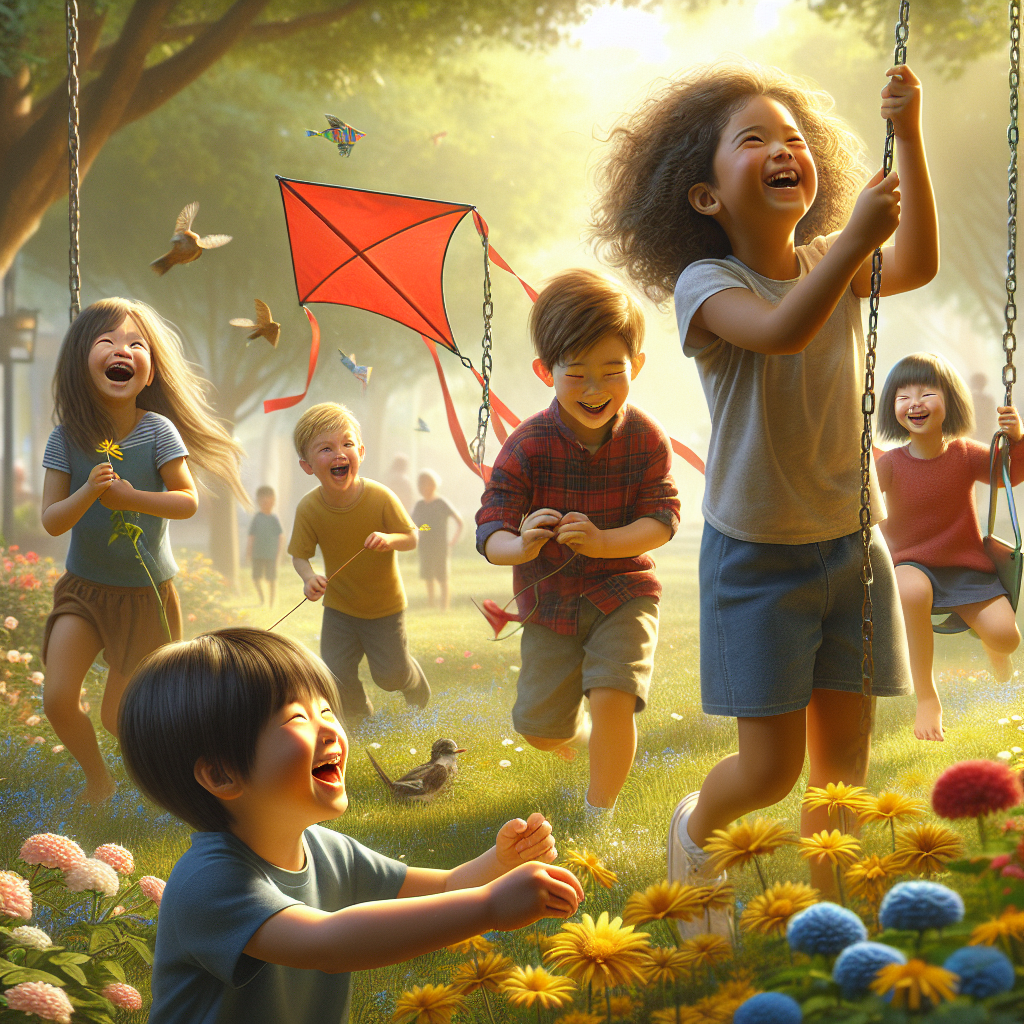 Children playing joyfully in a sunlit park, flying a kite and enjoying swings.