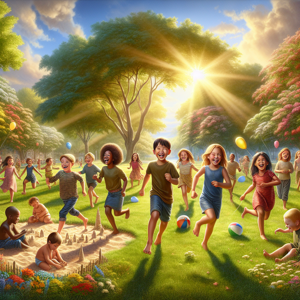 Children playing joyfully in a sunny park, surrounded by trees and vibrant greenery.
