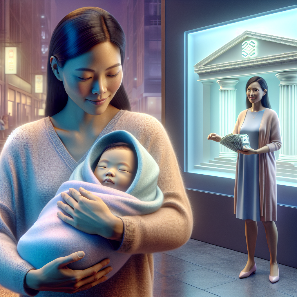 A parent holding a baby with a bank setting in the background, representing the DBS Baby Account.