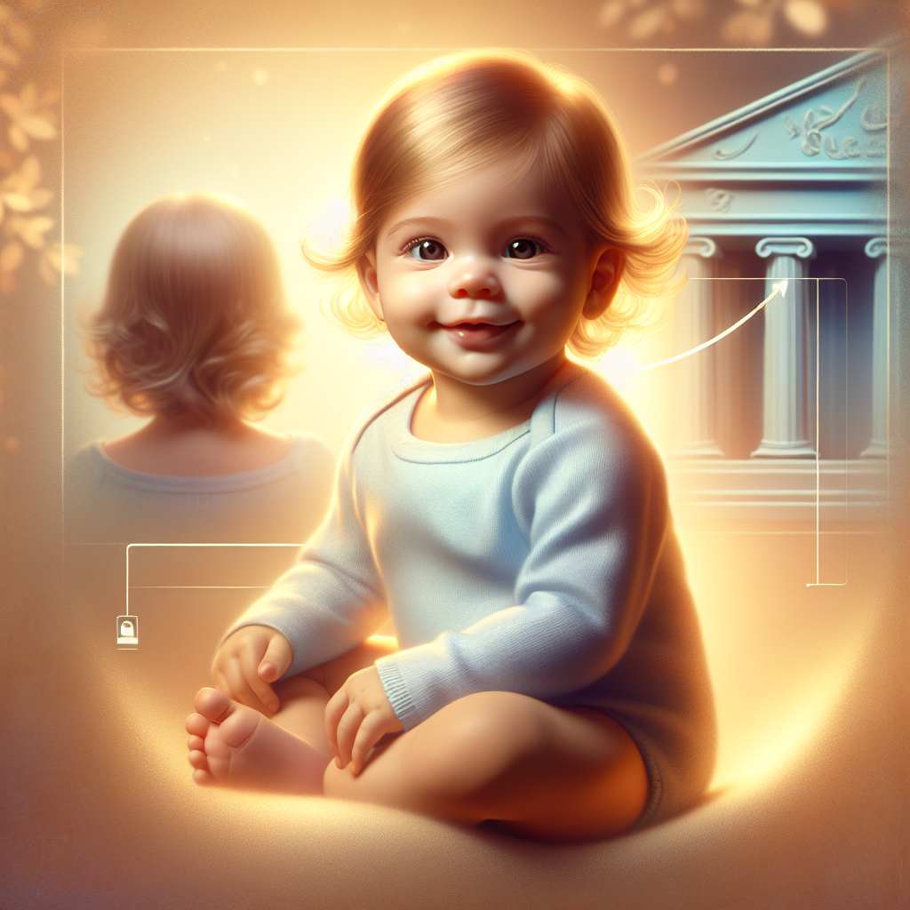 Realistic image of a smiling baby with a bank icon in the background, symbolizing a baby's savings account.