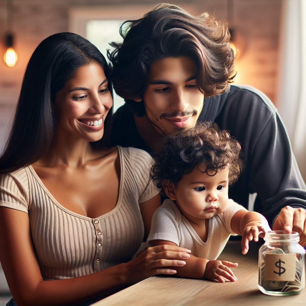A family setting up a savings jar for a baby, symbolizing financial planning.