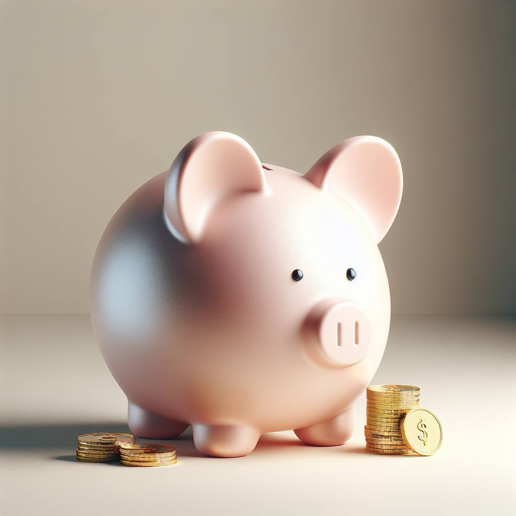 A realistic image of a light pink piggy bank symbolizing a baby account with gold coins, on a minimalistic background.