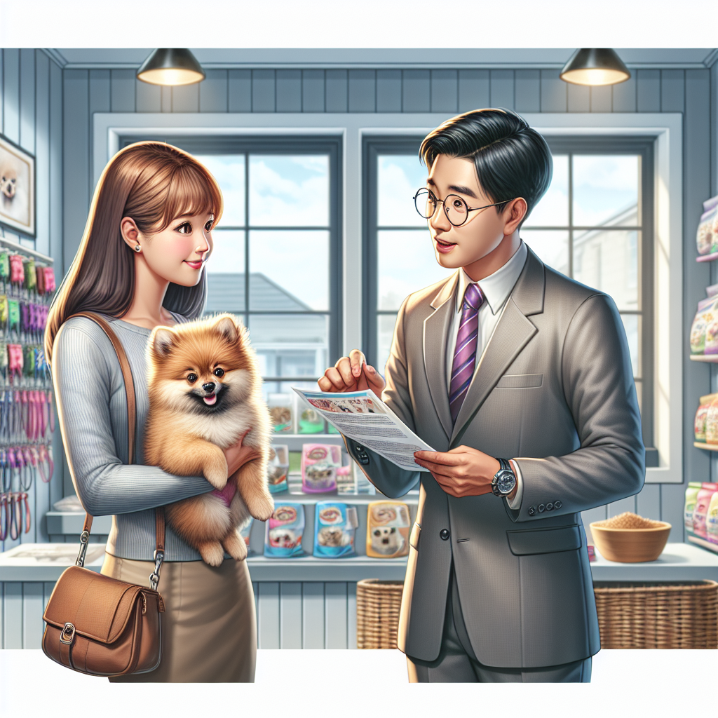 Customer and pet shop owner discussing installment plans with a Pomeranian puppy, surrounded by colorful pet supplies.